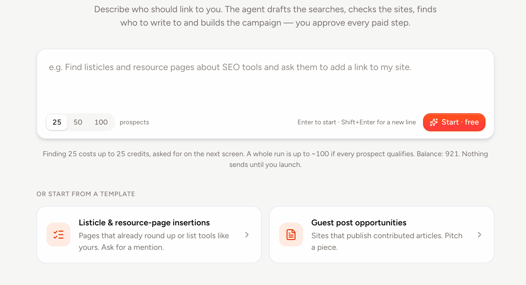 The agent's brief: describe who should link to you, pick 25, 50 or 100 prospects, start free